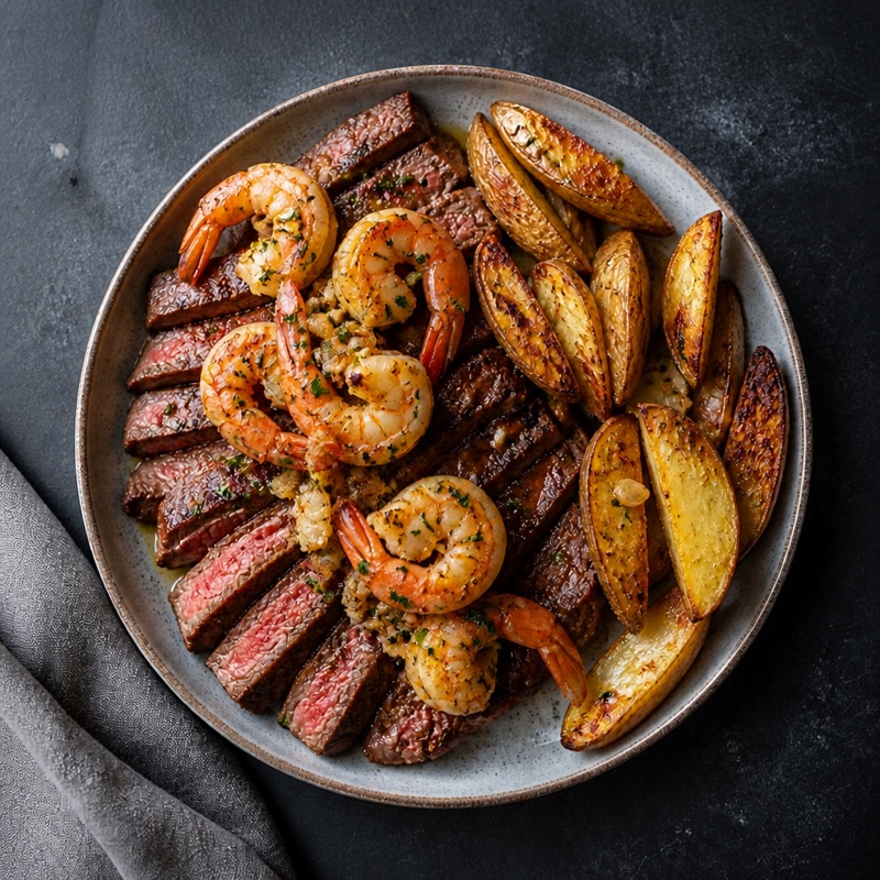 Step 4: Shrimp over steak, beans on the side. Lights down.