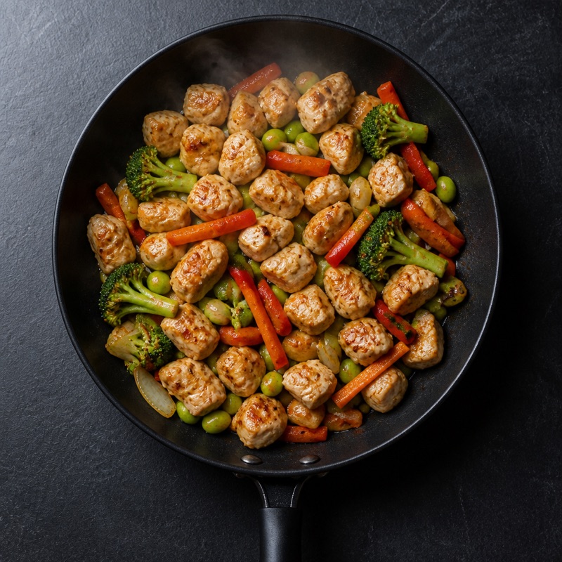 Step 2: Fry diced chicken hot; vegetables in for the last 3 minutes.