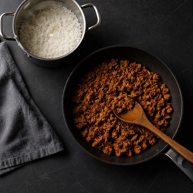 Step 1: Cook the rice, brown the turkey with the spices.