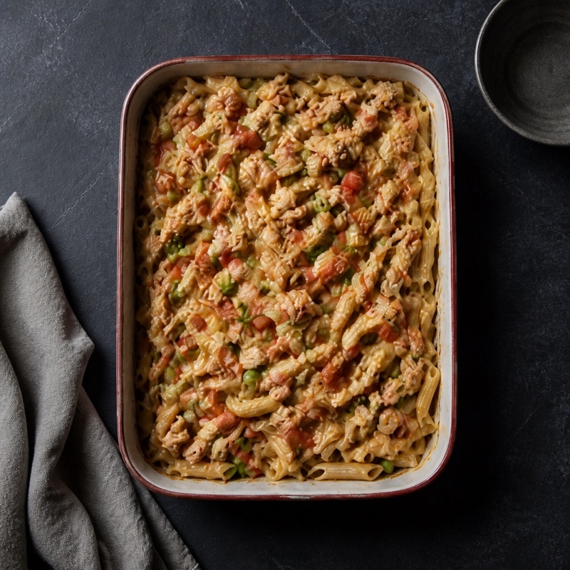 Step 2: Mix with tuna, tomatoes, peas, garlic and oregano in a baking dish.
