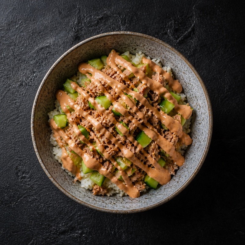 Step 3: Tuna and cucumber over the rice, crema over everything.
