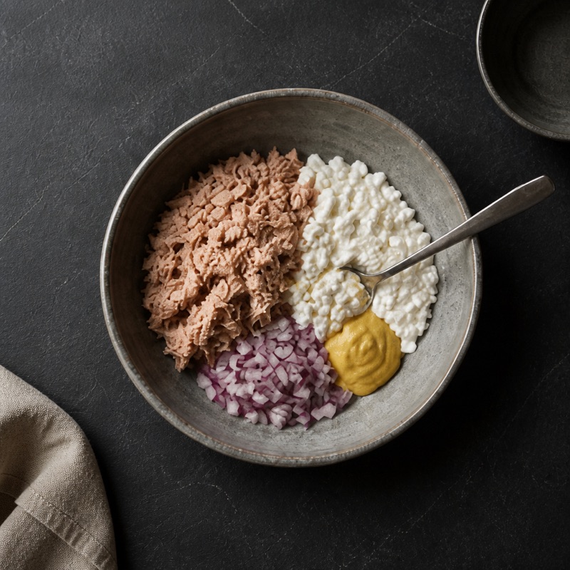 Step 2: Mix tuna, cottage cheese, mustard and onion.