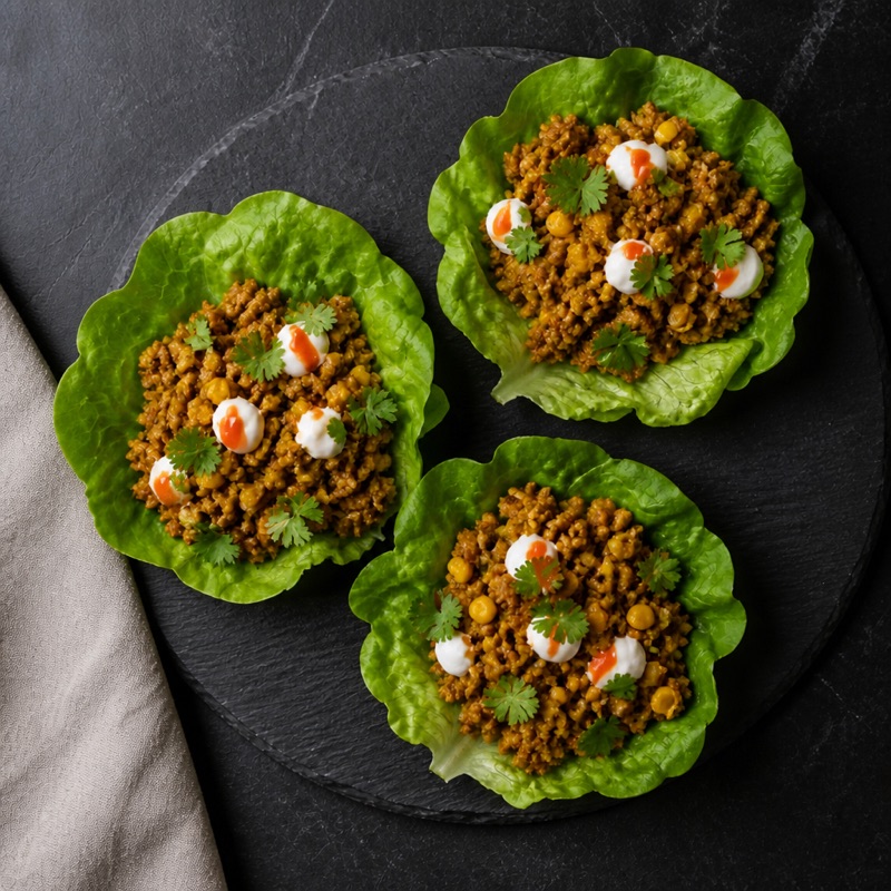 Step 3: Fill the lettuce cups, dot with yogurt and hot sauce.